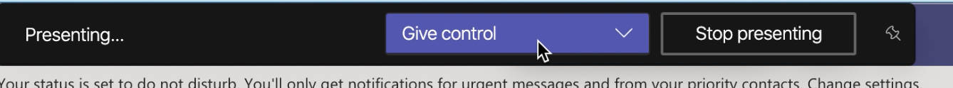 Screenshot showing how to locate remote control options during a teams meeting